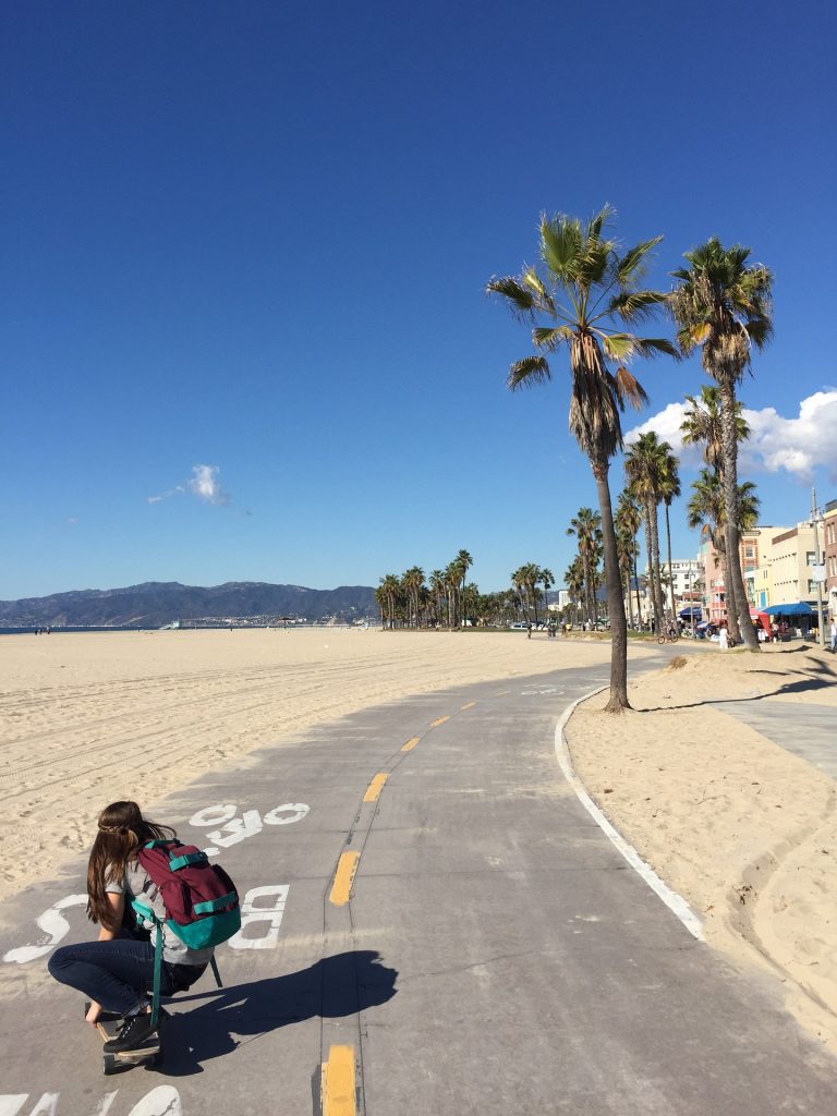 skateboarding girl venice beach trees palm