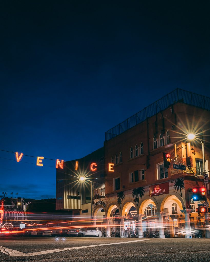 venice sign at night time lapse stop motion photography high interval